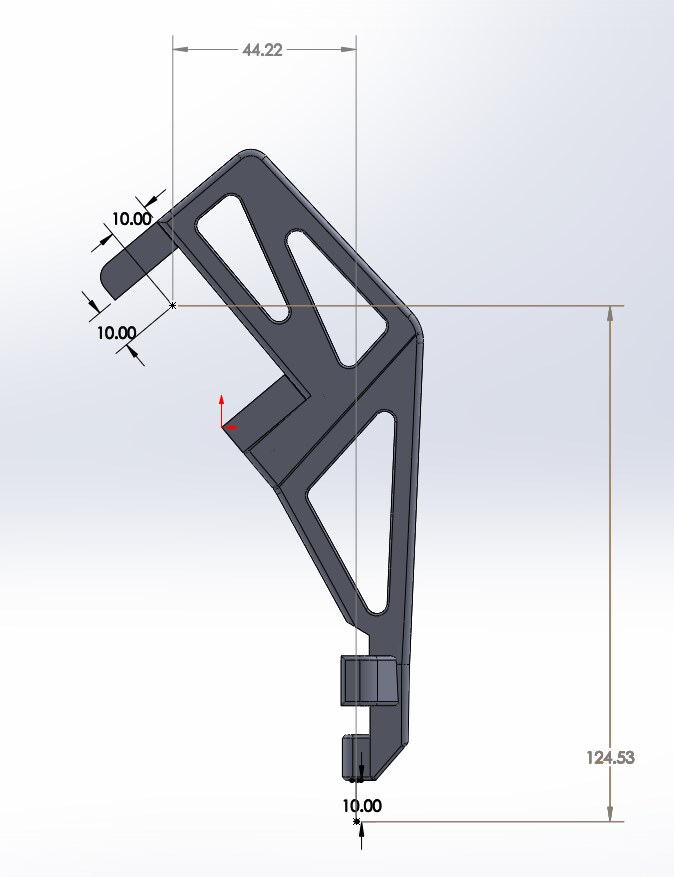 SOLIDWORKS model of a hexapod leg link with dimensions
